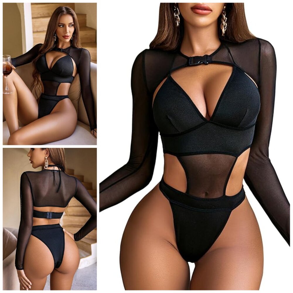 Avidlove Women Festival Sexy Lingerie Bodysuit Buckle Shrug Crop Top Set